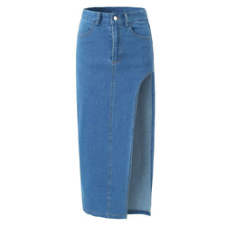 Vintage Style High Waist Jean Blue Thigh Side Split Midi Denim Skirt
