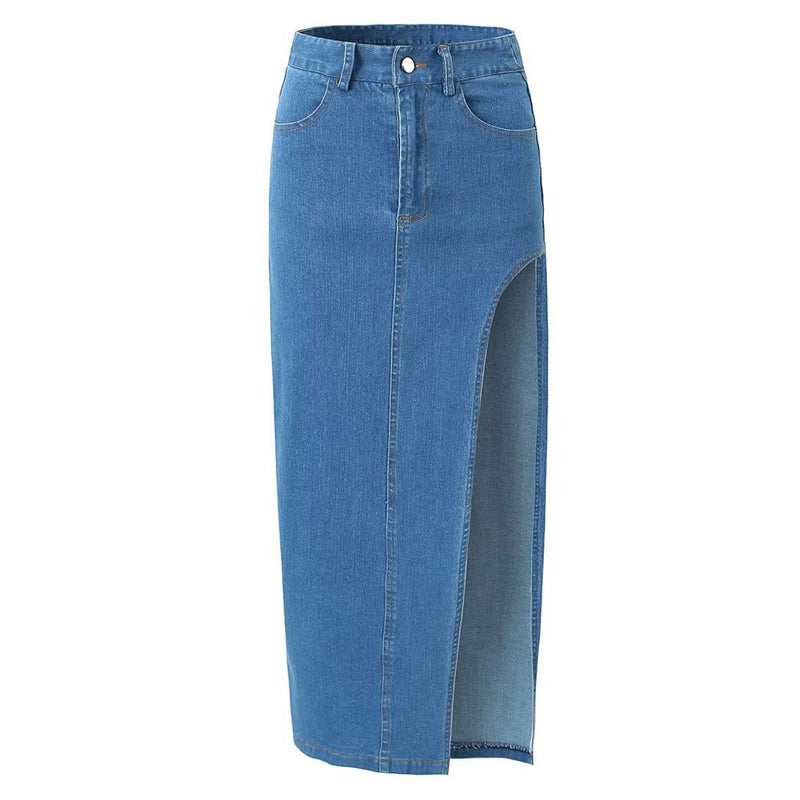 Vintage Style High Waist Jean Blue Thigh Side Split Midi Denim Skirt