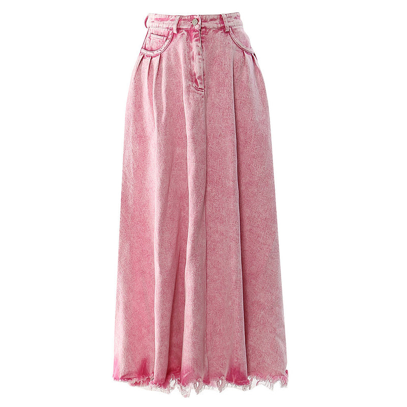 Vintage Style High Waist Raw Hem Frilled Faded Acid Wash Maxi Denim Skirt