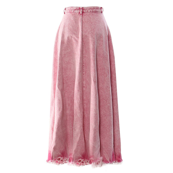 Vintage Style High Waist Raw Hem Frilled Faded Acid Wash Maxi Denim Skirt