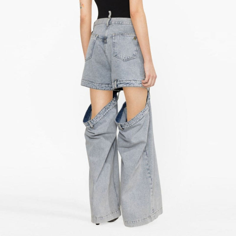 Vintage Style Low Waist Split Cutout Wide Leg Distressed Hybrid Jeans