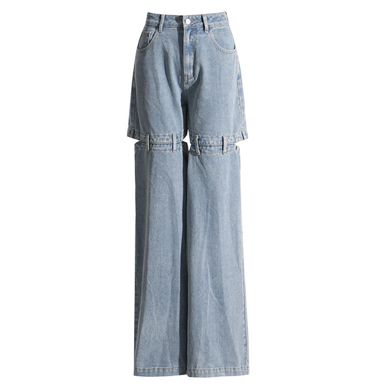 Vintage Style Low Waist Split Cutout Wide Leg Distressed Hybrid Jeans