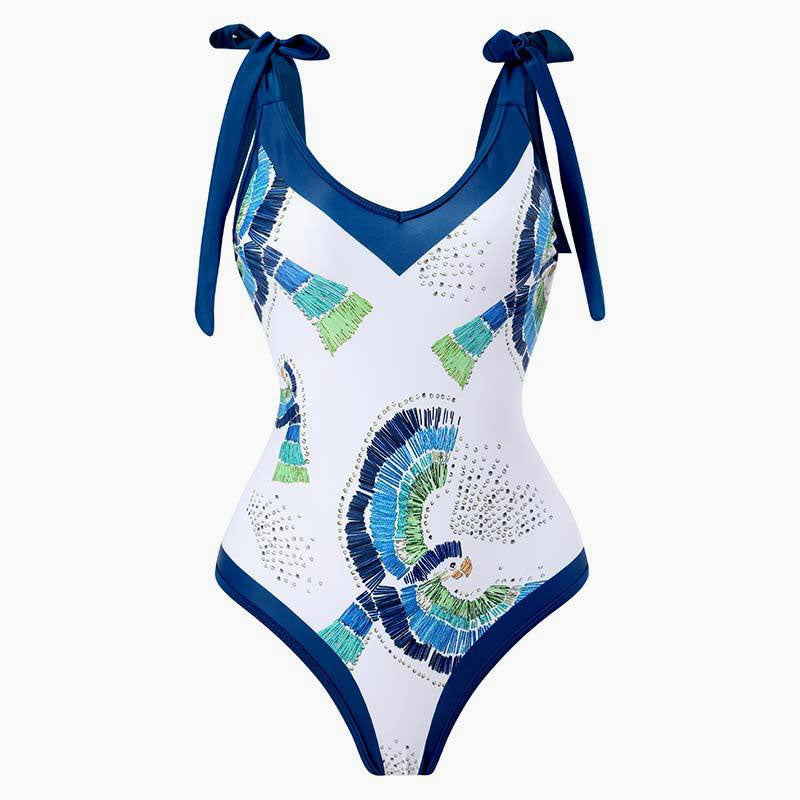 Vintage Style Printed Cheeky Bow Tie Strap V Neck One Piece Swimsuit
