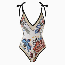 Vintage Style Printed Cheeky Bow Tie String V Neck One  Piece Swimsuit