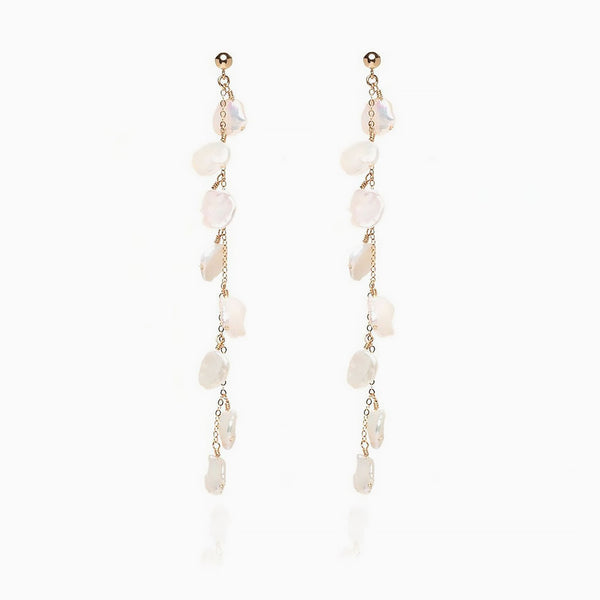 Wedding 18K Gold Plated Baroque Petal Pearl Cable Chain Drop Earrings