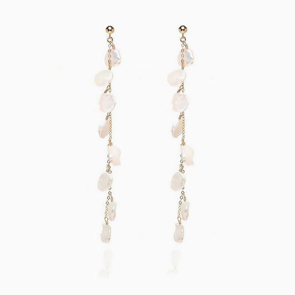 Wedding 18K Gold Plated Baroque Petal Pearl Cable Chain Drop Earrings