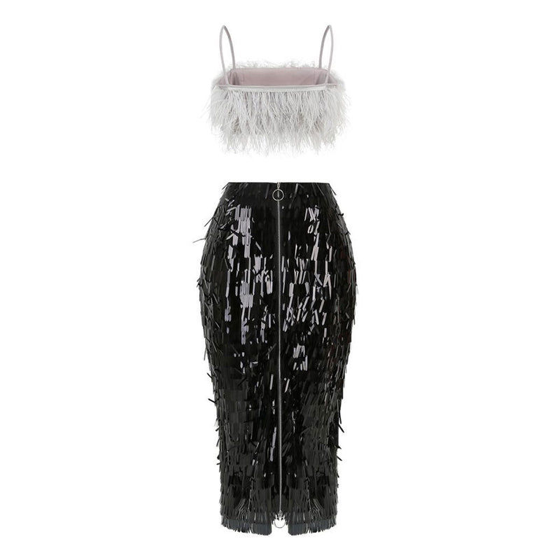 Whimsical Feather Trim Bralette Layered Fringe Midi Bodycon Cocktail Matching Set