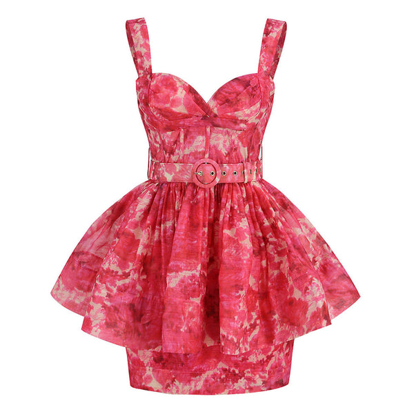Whimsical Floral Print Sweetheart Neck Belted Pleated Peplum Linen Mini Party Dress