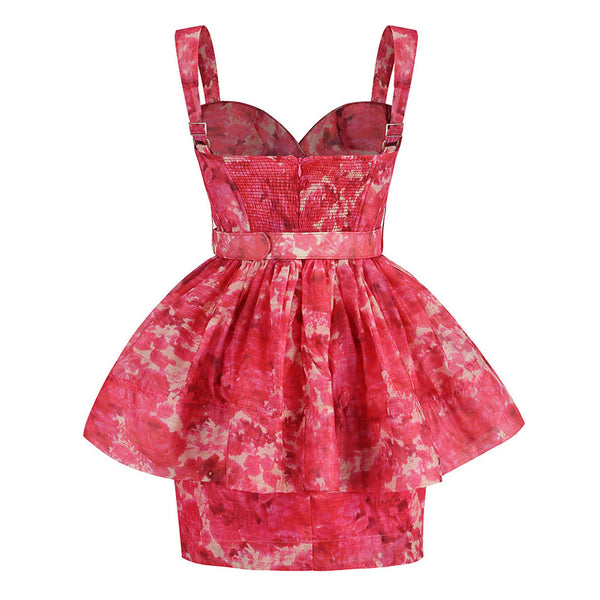 Whimsical Floral Print Sweetheart Neck Belted Pleated Peplum Linen Mini Party Dress