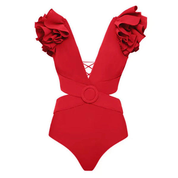 Whimsical Ruffled Deep V Neck O Ring Cutout Lace Up Monokini One Piece Swimsuit