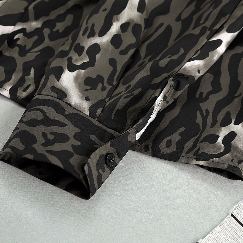 Wild Leopard Print Lapel Collar Button Up Blouse Wide Leg Pants Lounge Set