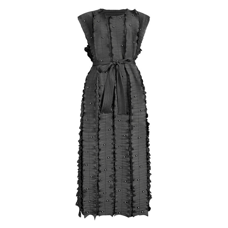 Wonderful Round Neck Beaded Detail Belted Ruffled Sleeveless Pleated Midi Dress