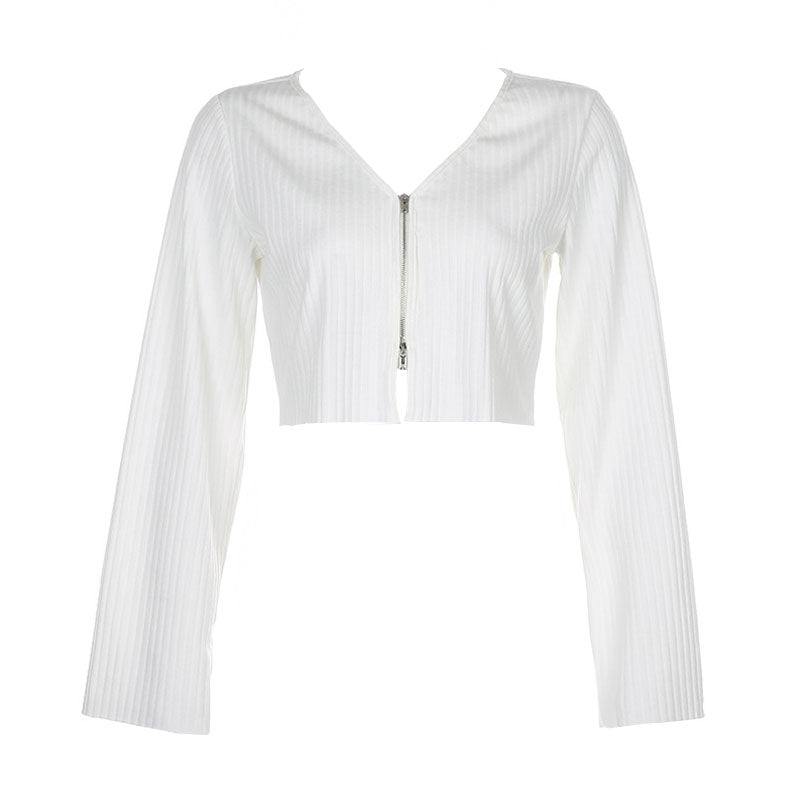 Chic Ribbed Long Sleeve Zip Front Knit Cardigan - White