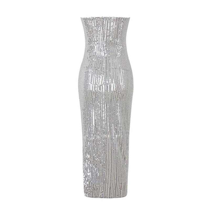 Asymmetric Spaghetti Strap Deep V Sequin Dress - Silver