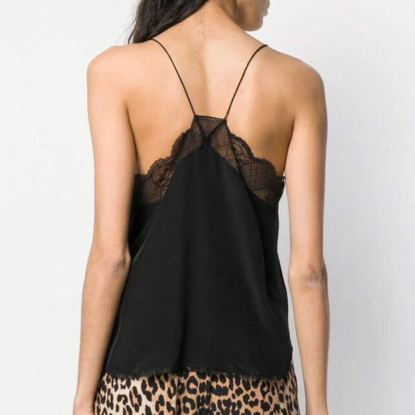 Sexy Lace Panel Spaghetti Strap Deep V Silk Top - Black