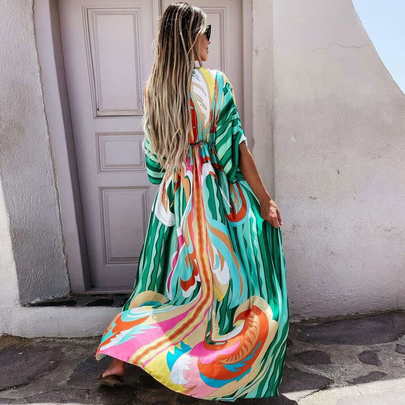 Abstract Print Belted Button Down V Neck Maxi Dress - Green