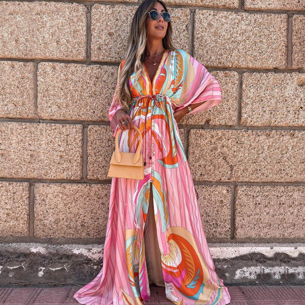 Abstract Print Belted Button Down V Neck Maxi Dress - Pink