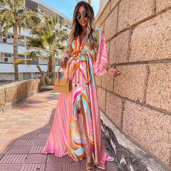 Abstract Print Belted Button Down V Neck Maxi Dress - Pink