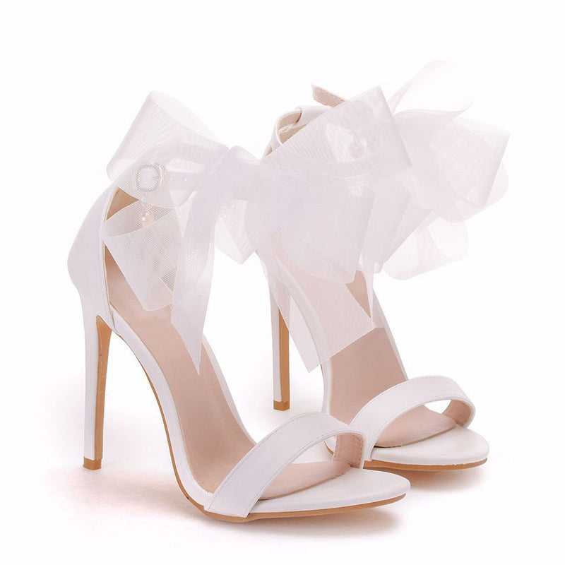 Amazing Bowknot Trim Ankle Strap High Heel Sandals - White