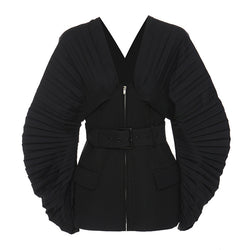 Architectural Pleated Balloon Sleeve V Neck Belted Zip Up Jacket