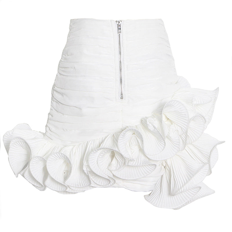 Asymmetric 3D Ruffle Ruched High Waist Bodycon Mini Skirt