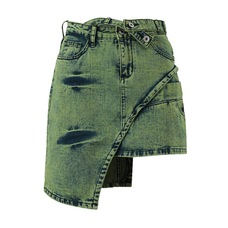 Distressed Detail Pleated Mini Skirt In Blue Acid Wash Denim | EGO