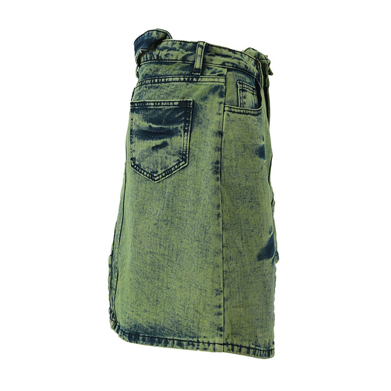Asymmetric Belted Acid Wash High Waist Mini Denim Skirt, Green / L