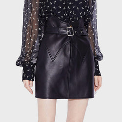 Asymmetric Belted High Waist Bodycon Leather Mini Skirt - Black