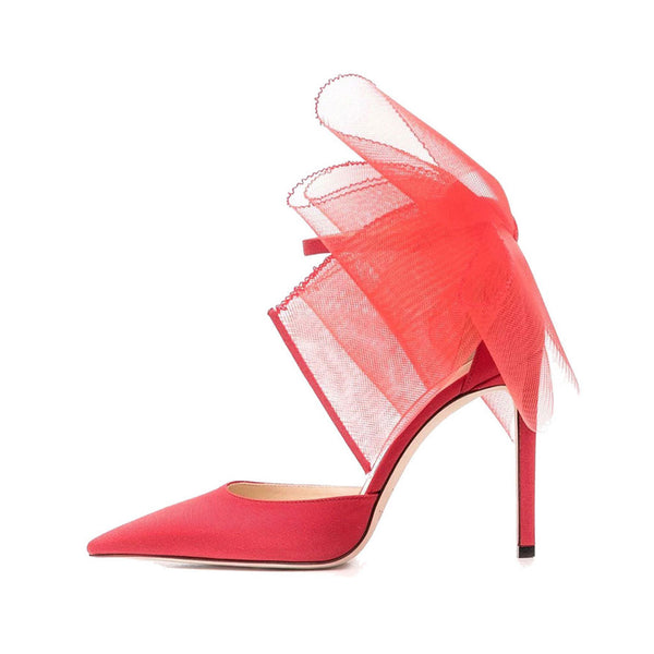 Asymmetric Bow Detail Pointed Toe Ankle Strap Stiletto Pumps - Red