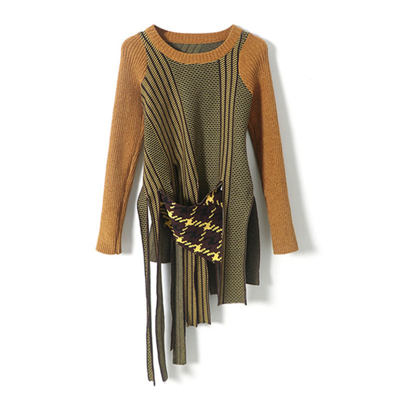 Asymmetric Contrast Color Fringe Long Sleeve Knit Sweater - Ginger