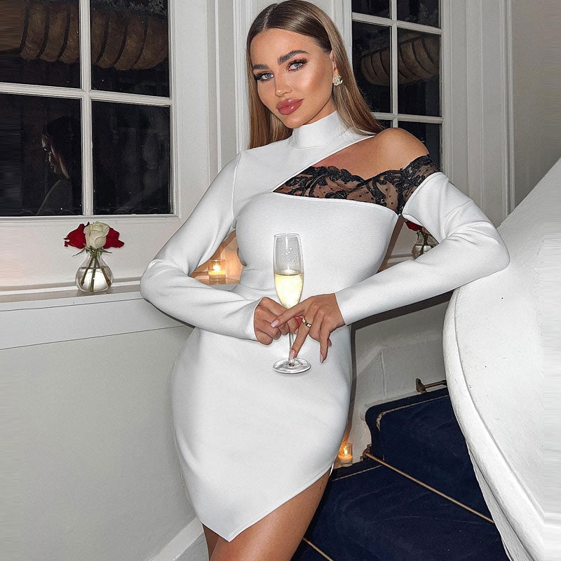 Asymmetric Contrast Lace Trim Cutout Side Slit High Neck Bandage Mini Dress - White