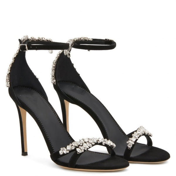 Asymmetric Crystal Embellished Suede Round Toe Stiletto Sandals - Black