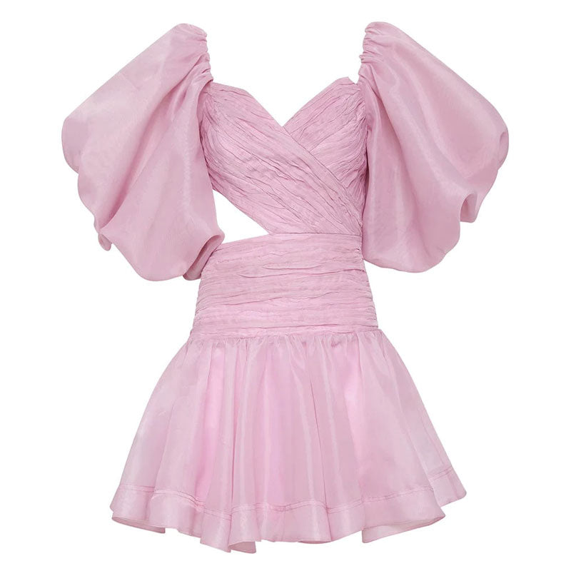 Asymmetric Cut Out Sweetheart Neck Puff Sleeve Fit and Flare Mini Dress - Pink