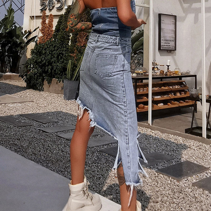 Asymmetric Distressed Hem High Rise Midi Denim Skirt - Blue