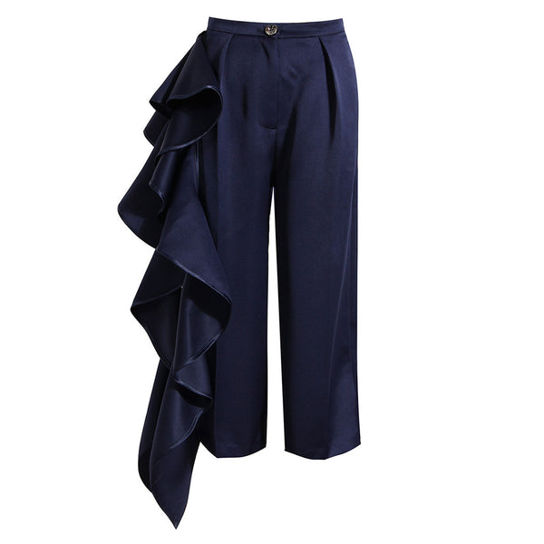 Asymmetric Draped Frill Pleated High Waist Wide Leg Cropped Pants