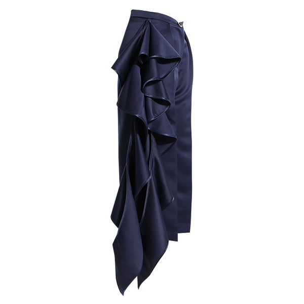 Asymmetric Draped Frill Pleated High Waist Wide Leg Cropped Pants