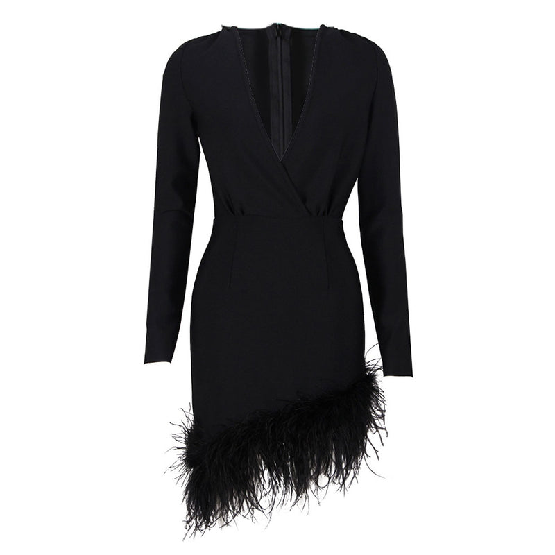 Asymmetric Faux Feather Trim Plunging Long Sleeve Mini Bandage Dress - Black