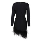 Asymmetric Faux Feather Trim Plunging Long Sleeve Mini Bandage Dress - Black, S / Black