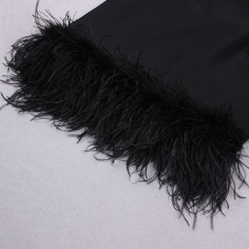 Asymmetric Faux Feather Trim Plunging Long Sleeve Mini Bandage Dress - Black, S / Black