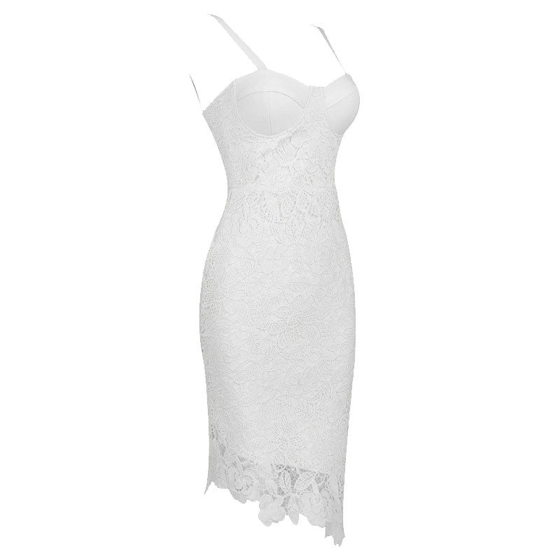 Asymmetric Floral Lace Embroidered Bustier Bandage Party Dress - White