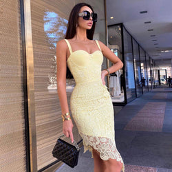 Asymmetric Floral Lace Embroidered Bustier Bandage Party Dress - Yellow