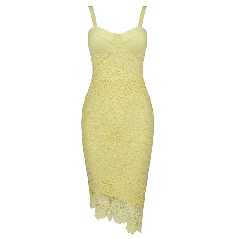 Asymmetric Floral Lace Embroidered Bustier Bandage Party Dress - Yellow