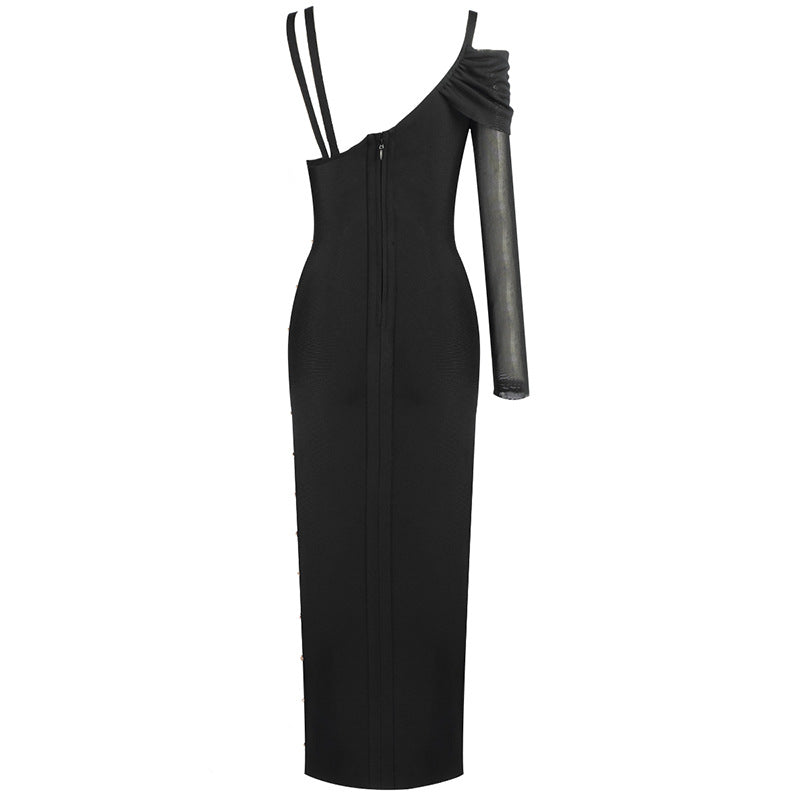 Asymmetric High Slit Pin Trim Cutout Drape Bandage Maxi Dress - Black