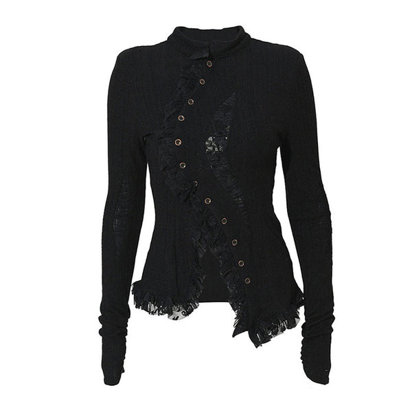 Asymmetric Lace Trim Stand Collar Loong Sleeve Button Down Fitted Knit Cardigan