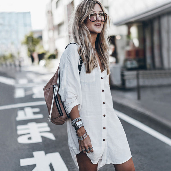 Asymmetric Long Sleeve Button Down Cover Up Blouse - White