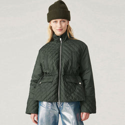 Asymmetric Long Sleeve Zip Front High Collar Quilted Coat - Green