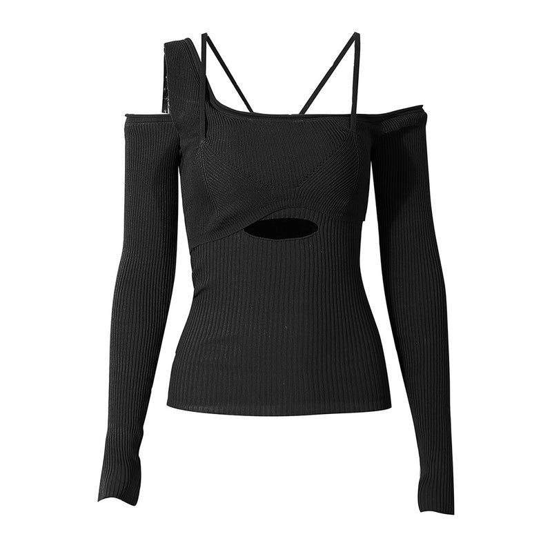 Asymmetric Off the Shoulder Long Sleeve Cutout Ribbed Knit Crop Top