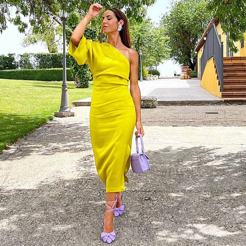 Asymmetric One Shoulder Bell Sleeve Split Midi Dress - Chartreuse Yellow