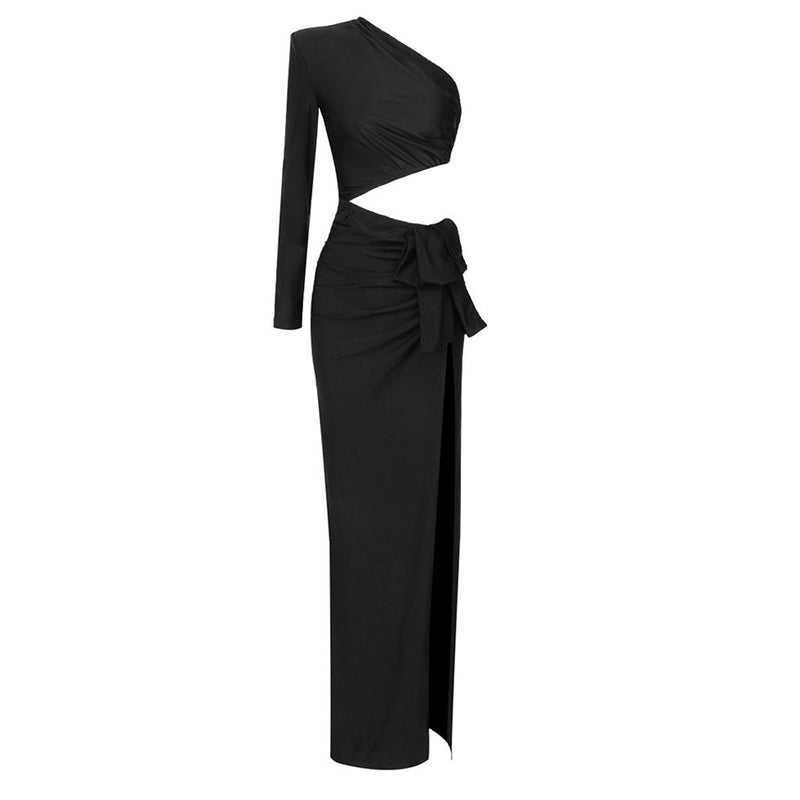 Asymmetric One Shoulder Cutout Draping Bow Ruched High Slit Maxi Dress - Black