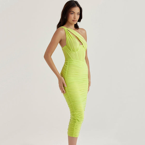 Asymmetric One Shoulder Cutout Ruched Corset Mesh Midi Dress - Lime